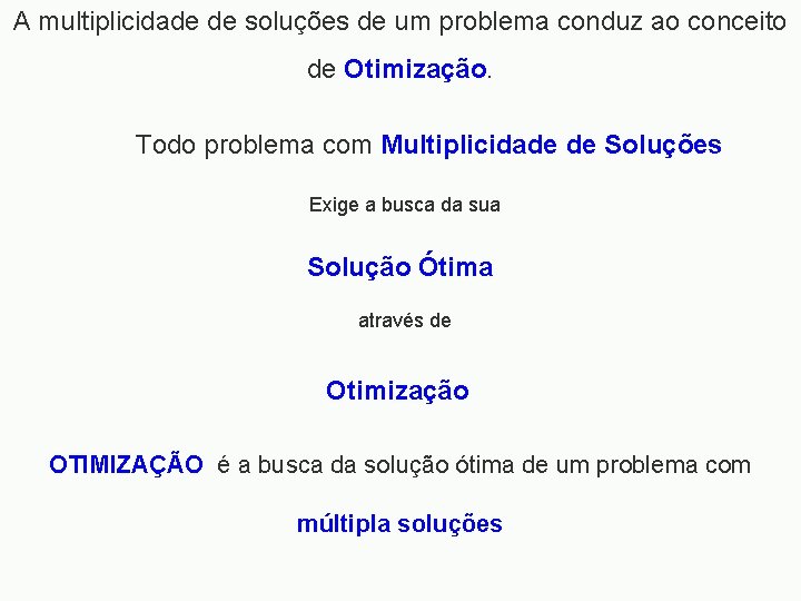 A multiplicidade de soluções de um problema conduz ao conceito de Otimização. Todo problema