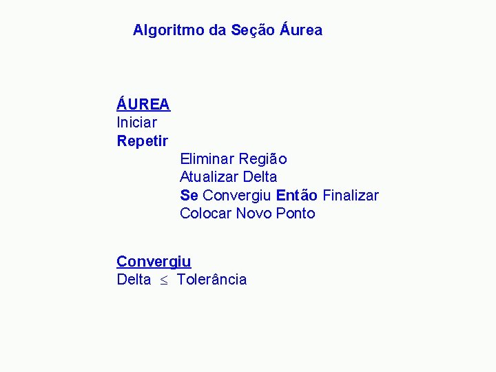 Algoritmo da Seção Áurea ÁUREA Iniciar Repetir Eliminar Região Atualizar Delta Se Convergiu Então