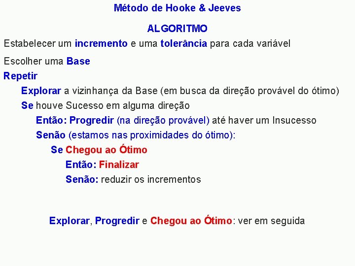Método de Hooke & Jeeves ALGORITMO Estabelecer um incremento e uma tolerância para cada