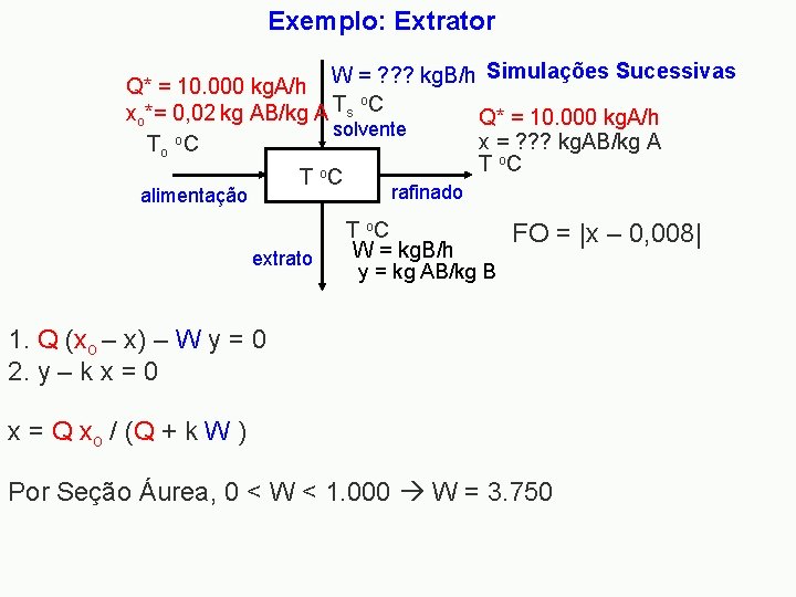 Exemplo: Extrator W = ? ? ? kg. B/h Simulações Sucessivas Q* = 10.