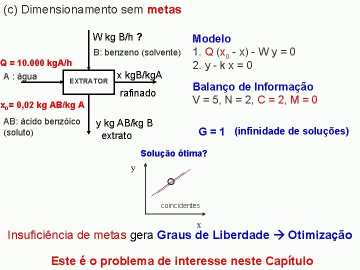 (c) Dimensionamento sem metas W kg B/h ? B: benzeno (solvente) Q = 10.