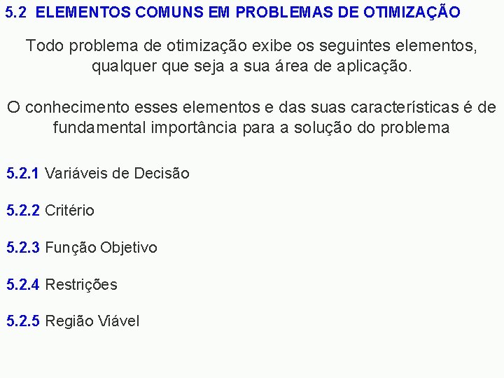 5. 2 ELEMENTOS COMUNS EM PROBLEMAS DE OTIMIZAÇÃO Todo problema de otimização exibe os