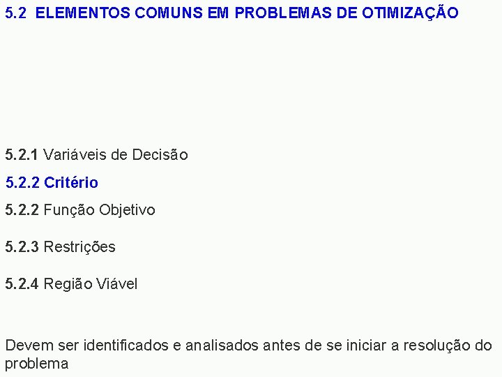 5. 2 ELEMENTOS COMUNS EM PROBLEMAS DE OTIMIZAÇÃO 5. 2. 1 Variáveis de Decisão