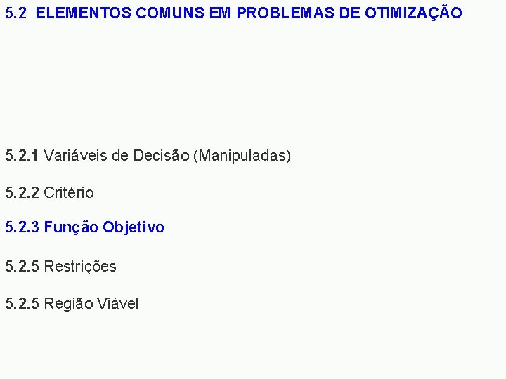 5. 2 ELEMENTOS COMUNS EM PROBLEMAS DE OTIMIZAÇÃO 5. 2. 1 Variáveis de Decisão