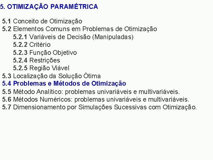 5. OTIMIZAÇÃO PARAMÉTRICA 5. 1 Conceito de Otimização 5. 2 Elementos Comuns em Problemas