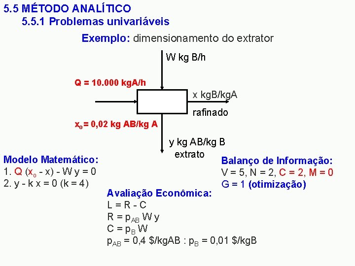 5. 5 MÉTODO ANALÍTICO 5. 5. 1 Problemas univariáveis Exemplo: dimensionamento do extrator W