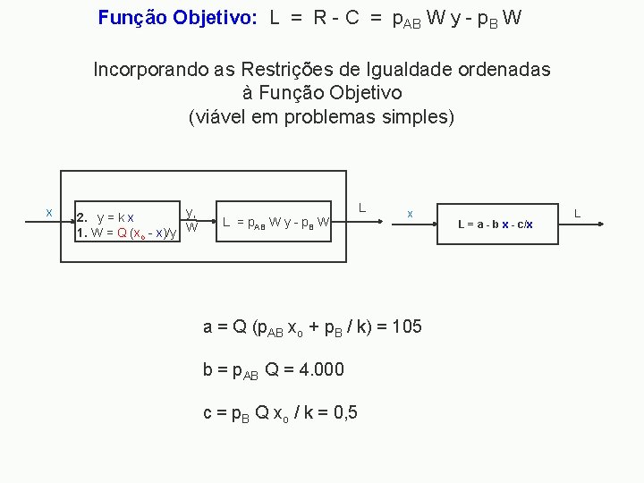 Função Objetivo: L = R - C = p. AB W y - p.
