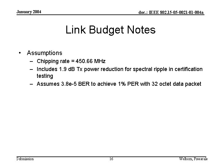January 2004 doc. : IEEE 802. 15 -05 -0021 -01 -004 a Link Budget