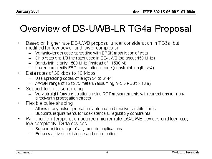 January 2004 doc. : IEEE 802. 15 -05 -0021 -01 -004 a Overview of