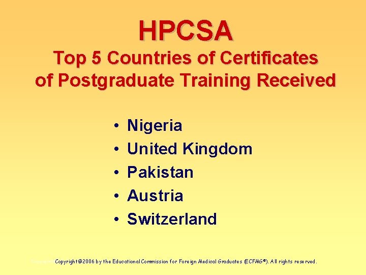 HPCSA Top 5 Countries of Certificates of Postgraduate Training Received • • • Nigeria