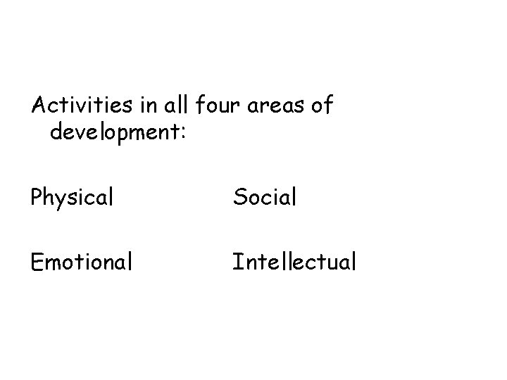 Activities in all four areas of development: Physical Social Emotional Intellectual 