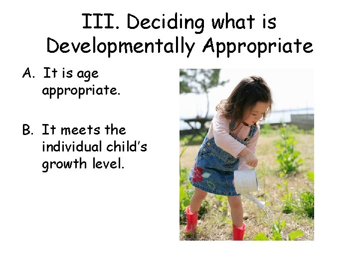 III. Deciding what is Developmentally Appropriate A. It is age appropriate. B. It meets
