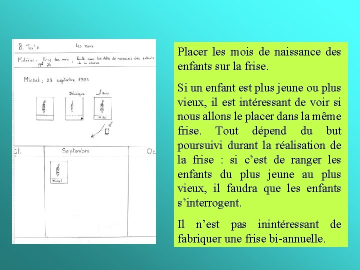 Placer les mois de naissance des enfants sur la frise. Si un enfant est