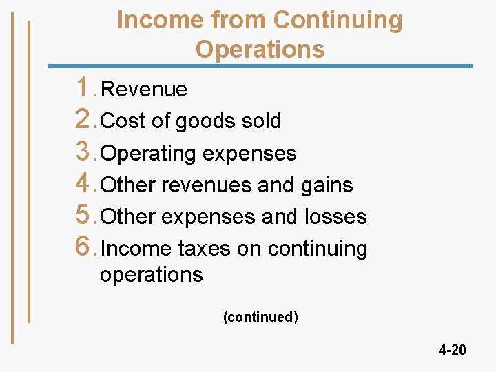 Income from Continuing Operations 1. Revenue 2. Cost of goods sold 3. Operating expenses Income from Continuing Operations 1. Revenue 2. Cost of goods sold 3. Operating expenses