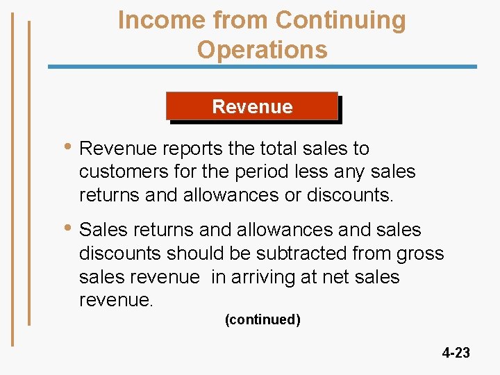 Income from Continuing Operations Revenue • Revenue reports the total sales to customers for Income from Continuing Operations Revenue • Revenue reports the total sales to customers for