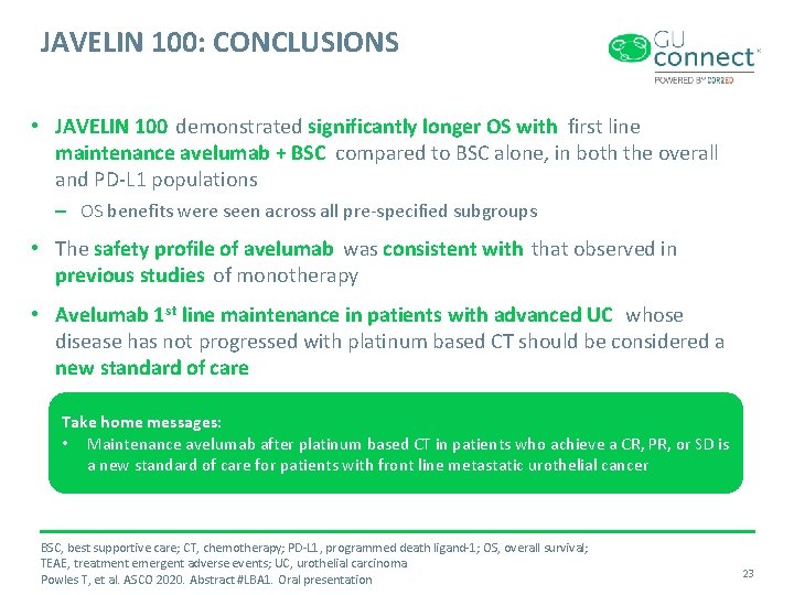 JAVELIN 100: CONCLUSIONS • JAVELIN 100 demonstrated significantly longer OS with first line maintenance