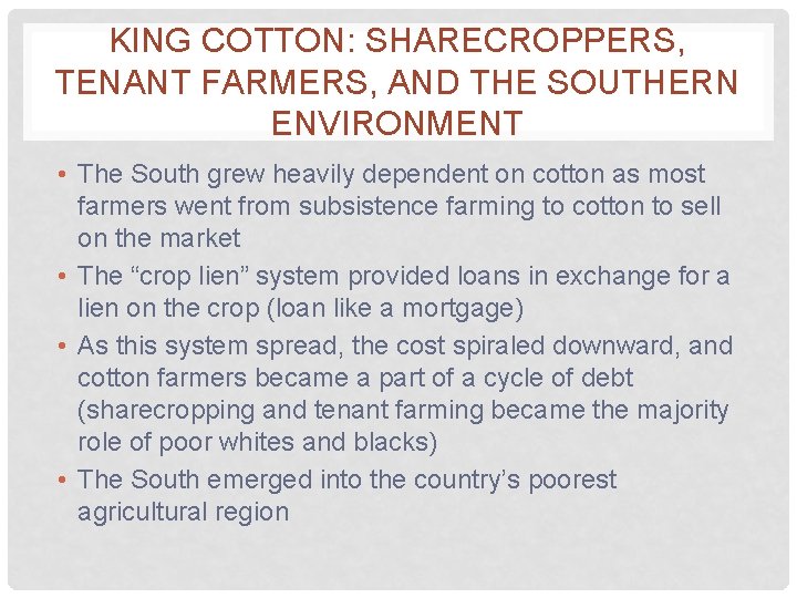 KING COTTON: SHARECROPPERS, TENANT FARMERS, AND THE SOUTHERN ENVIRONMENT • The South grew heavily