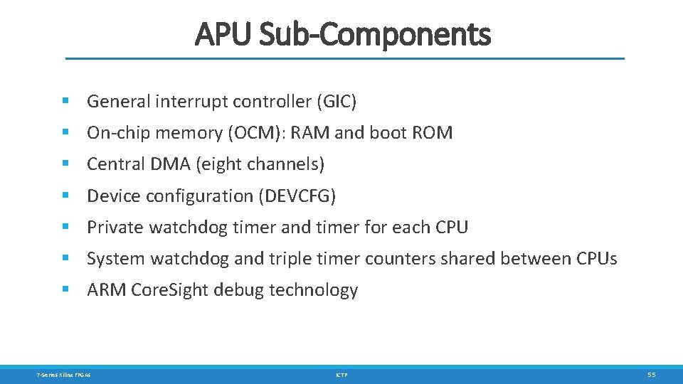 APU Sub-Components § General interrupt controller (GIC) § On-chip memory (OCM): RAM and boot