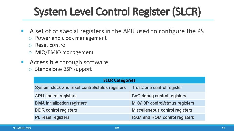 System Level Control Register (SLCR) § A set of of special registers in the