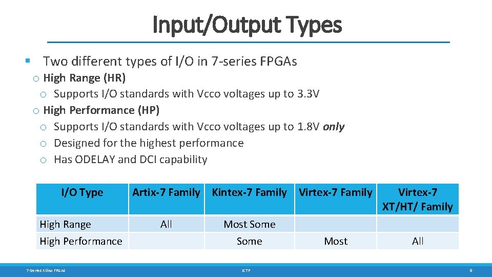 Input/Output Types § Two different types of I/O in 7 -series FPGAs o High