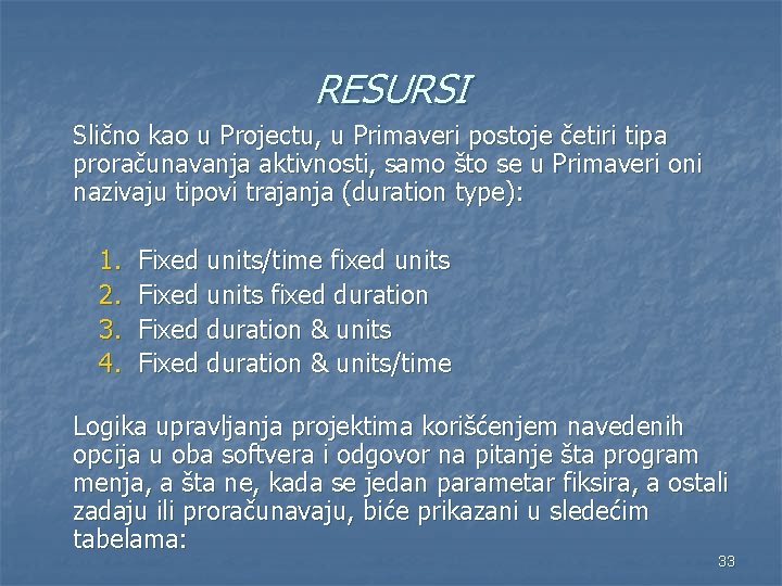 RESURSI Slično kao u Projectu, u Primaveri postoje četiri tipa proračunavanja aktivnosti, samo što