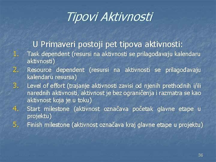 Tipovi Aktivnosti 1. 2. 3. 4. 5. U Primaveri postoji pet tipova aktivnosti: Task