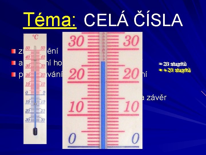 Téma: CELÁ ČÍSLA znázornění absolutní hodnota porovnávání sčítání odčítání == 26 21 stupňů ==