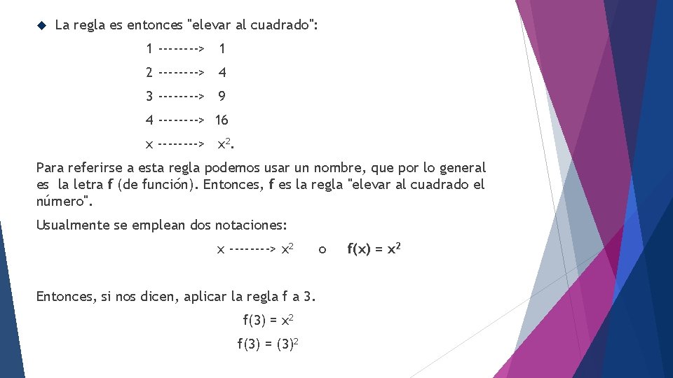  La regla es entonces "elevar al cuadrado": 1 ----> 1 2 ----> 4