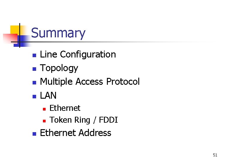Summary n n Line Configuration Topology Multiple Access Protocol LAN n n n Ethernet