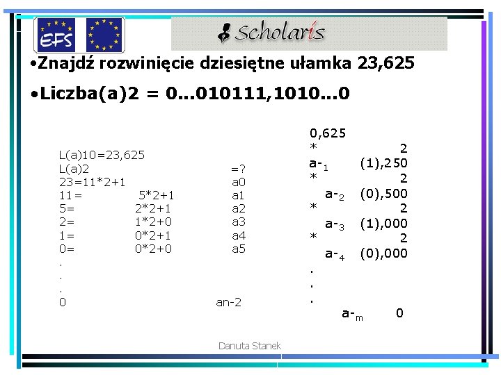  • Znajdź rozwinięcie dziesiętne ułamka 23, 625 • Liczba(a)2 = 0. . .