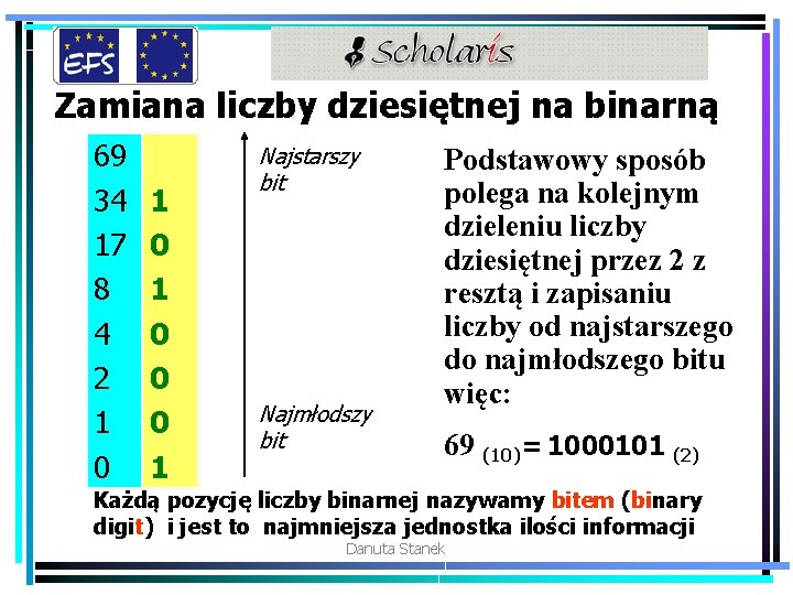 Zamiana liczby dziesiętnej na binarną 69 34 17 8 4 2 1 0 1