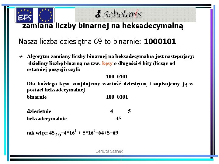 zamiana liczby binarnej na heksadecymalną Nasza liczba dziesiętna 69 to binarnie: 1000101 Algorytm zamiany