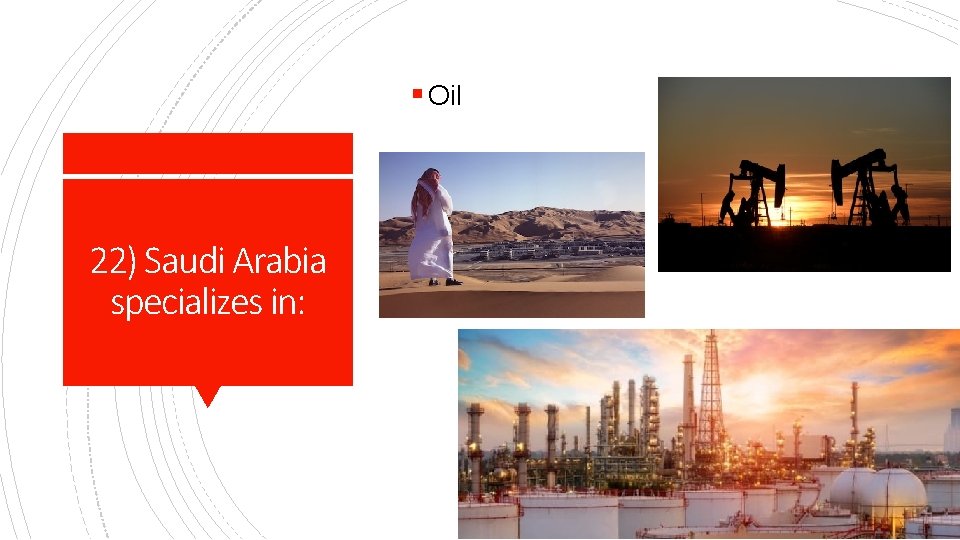 § Oil 22) Saudi Arabia specializes in: 