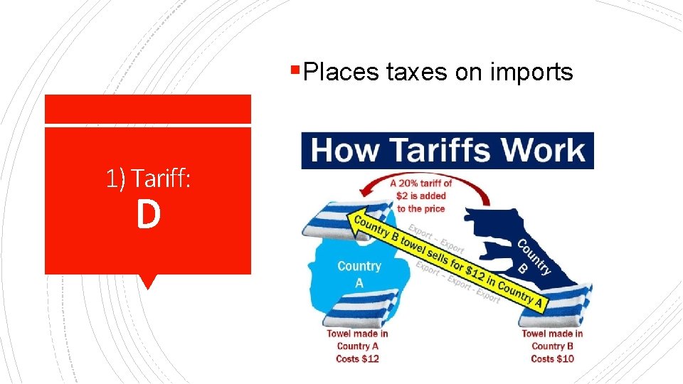 §Places taxes on imports 1) Tariff: D 