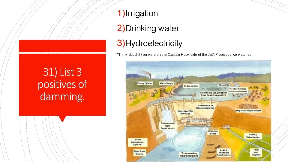 1)Irrigation 2)Drinking water 3)Hydroelectricity *Think about if you were on the Captain Hook side