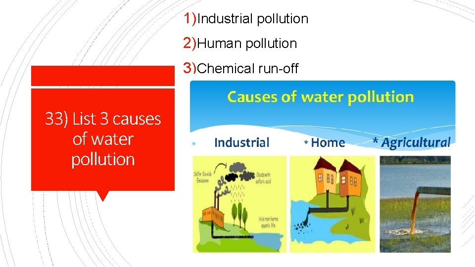 1)Industrial pollution 2)Human pollution 3)Chemical run-off 33) List 3 causes of water pollution 