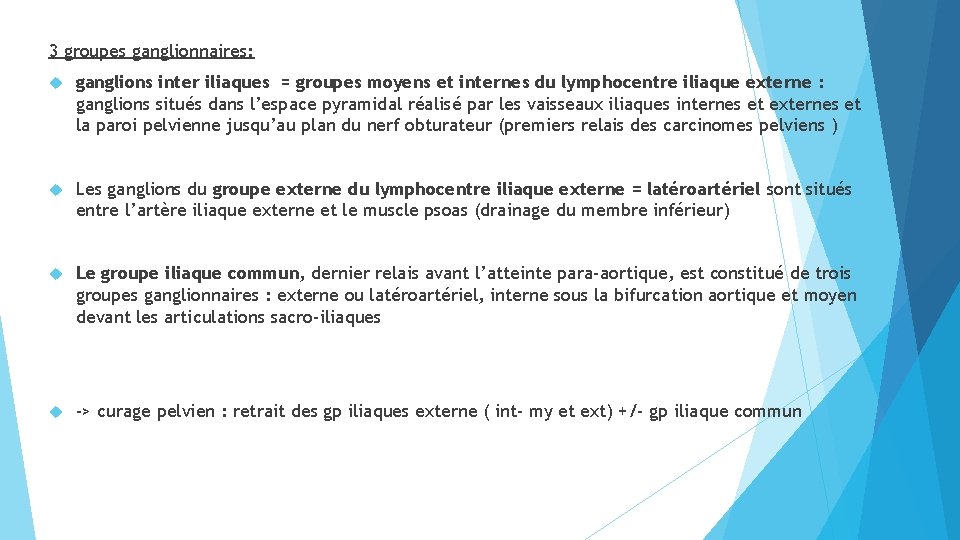 3 groupes ganglionnaires: ganglions inter iliaques = groupes moyens et internes du lymphocentre iliaque