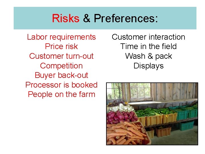 Risks & Preferences: Labor requirements Price risk Customer turn-out Competition Buyer back-out Processor is