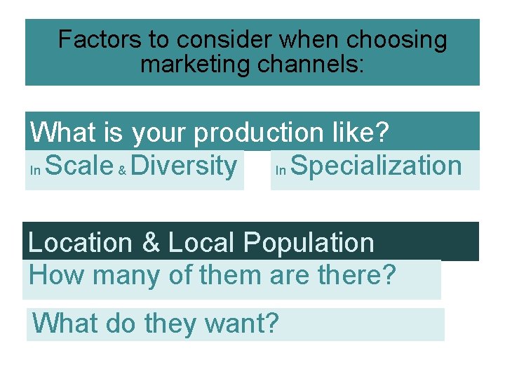 Factors to consider when choosing marketing channels: What is your production like? In Scale