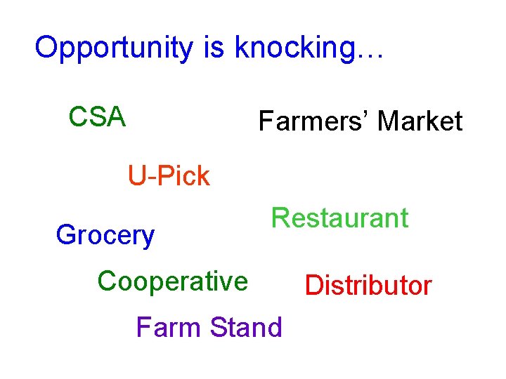 Opportunity is knocking… CSA Farmers’ Market U-Pick Grocery Restaurant Cooperative Farm Stand Distributor 