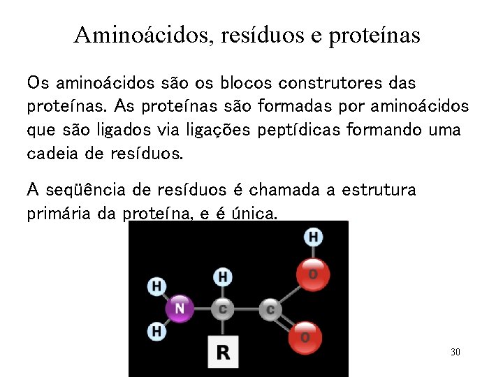 Aminoácidos, resíduos e proteínas Os aminoácidos são os blocos construtores das proteínas. As proteínas