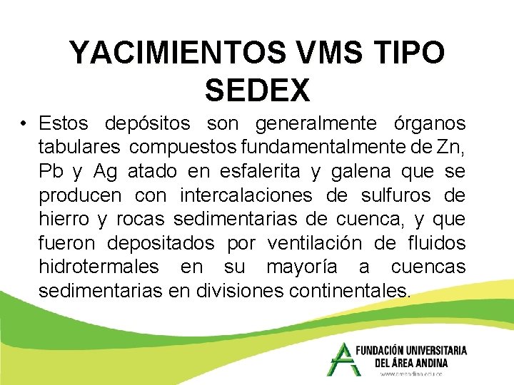 YACIMIENTOS VMS TIPO SEDEX • Estos depósitos son generalmente órganos tabulares compuestos fundamentalmente de