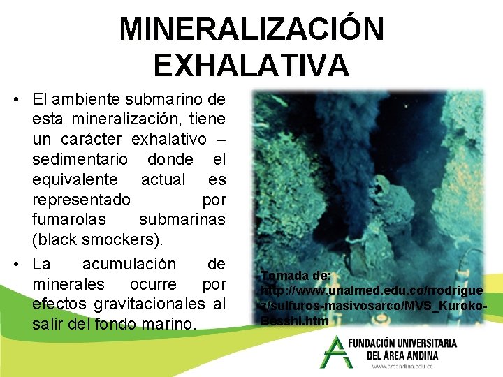 MINERALIZACIÓN EXHALATIVA • El ambiente submarino de esta mineralización, tiene un carácter exhalativo –