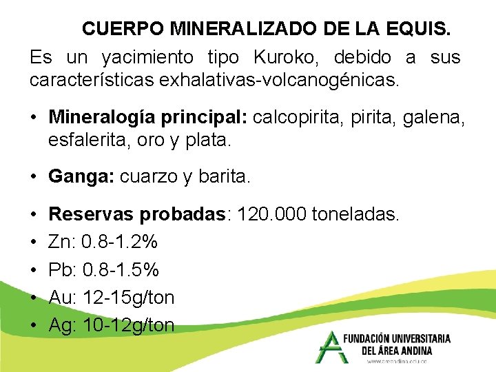 CUERPO MINERALIZADO DE LA EQUIS. Es un yacimiento tipo Kuroko, debido a sus características