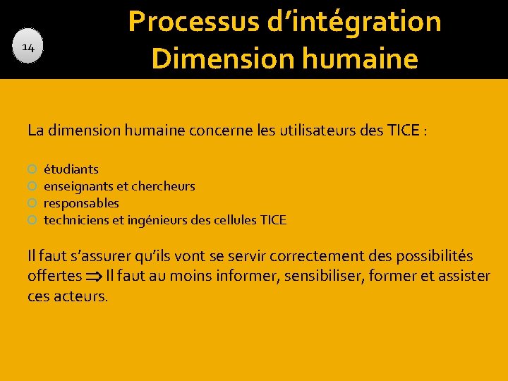 14 La dimension humaine concerne les utilisateurs des TICE : Processus d’intégration Dimension humaine