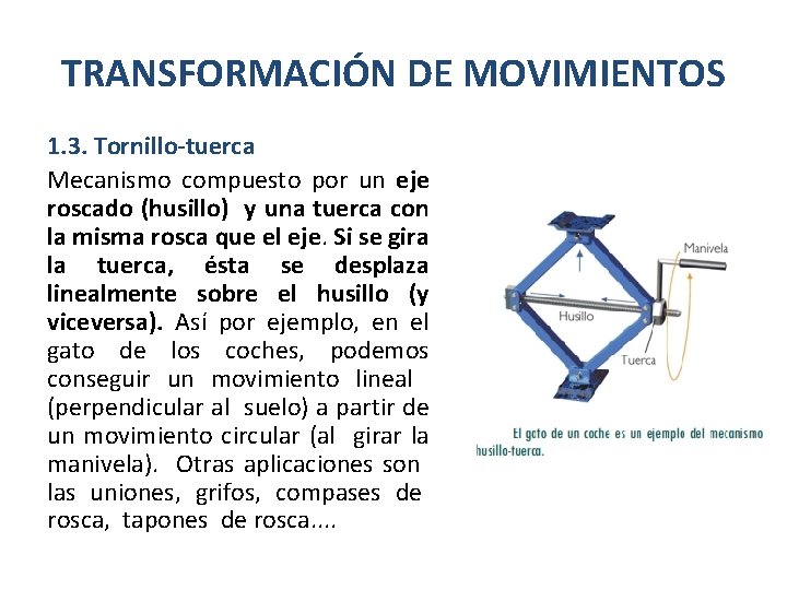 TRANSFORMACIÓN DE MOVIMIENTOS 1. 3. Tornillo-tuerca Mecanismo compuesto por un eje roscado (husillo) y