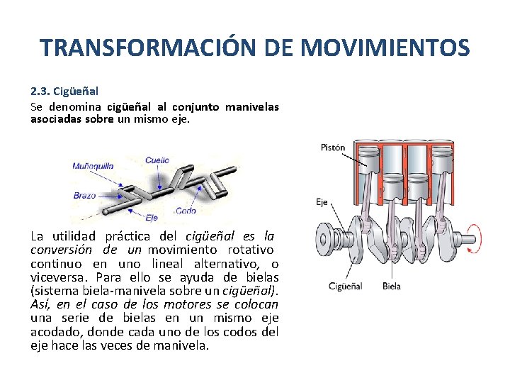 TRANSFORMACIÓN DE MOVIMIENTOS 2. 3. Cigüeñal Se denomina cigüeñal al conjunto manivelas asociadas sobre