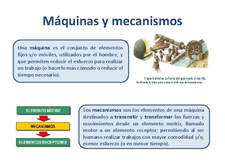 Máquinas y mecanismos Una máquina es el conjunto de elementos fijos y/o móviles, utilizados