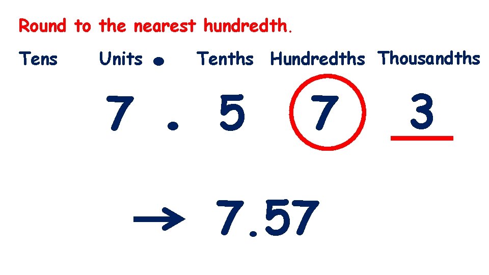 . 7. Round to the nearest hundredth. Tens Units Tenths Hundredths Thousandths 5 7