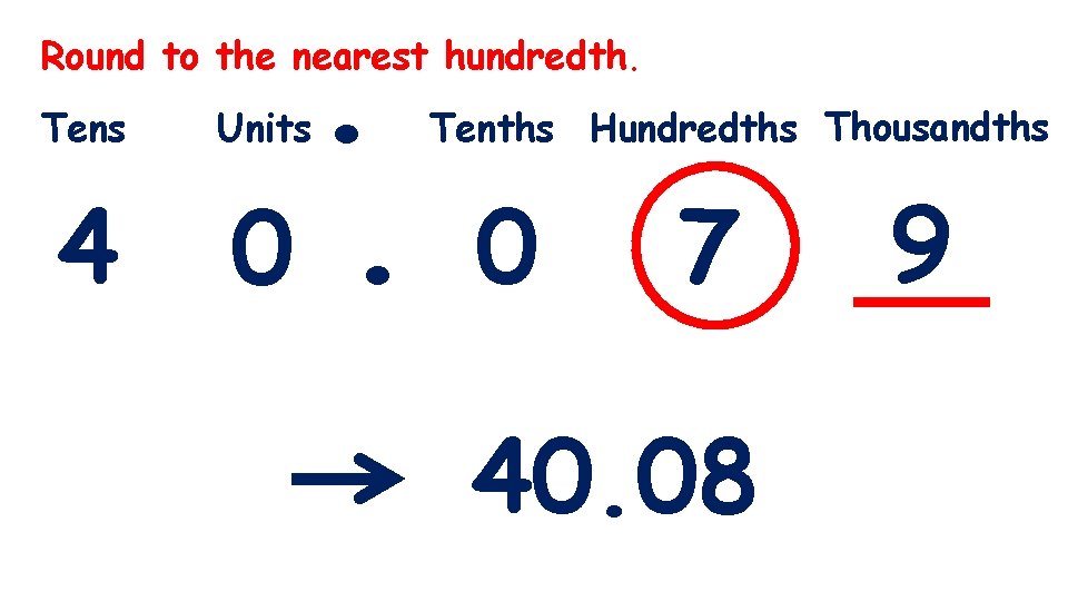 . 0. Round to the nearest hundredth. Tens 4 Units Tenths Hundredths Thousandths 0